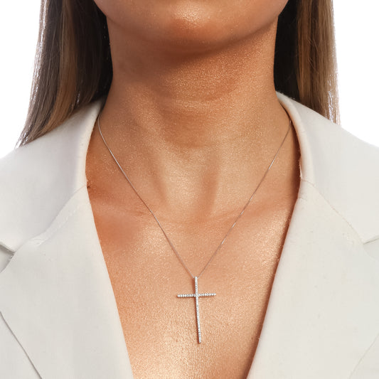 White Rhodium Plated Religious Cross Studded Zirconia Pendant Necklace