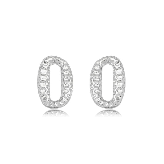 White Rhodium Plated Oval Organic Stud Earrings