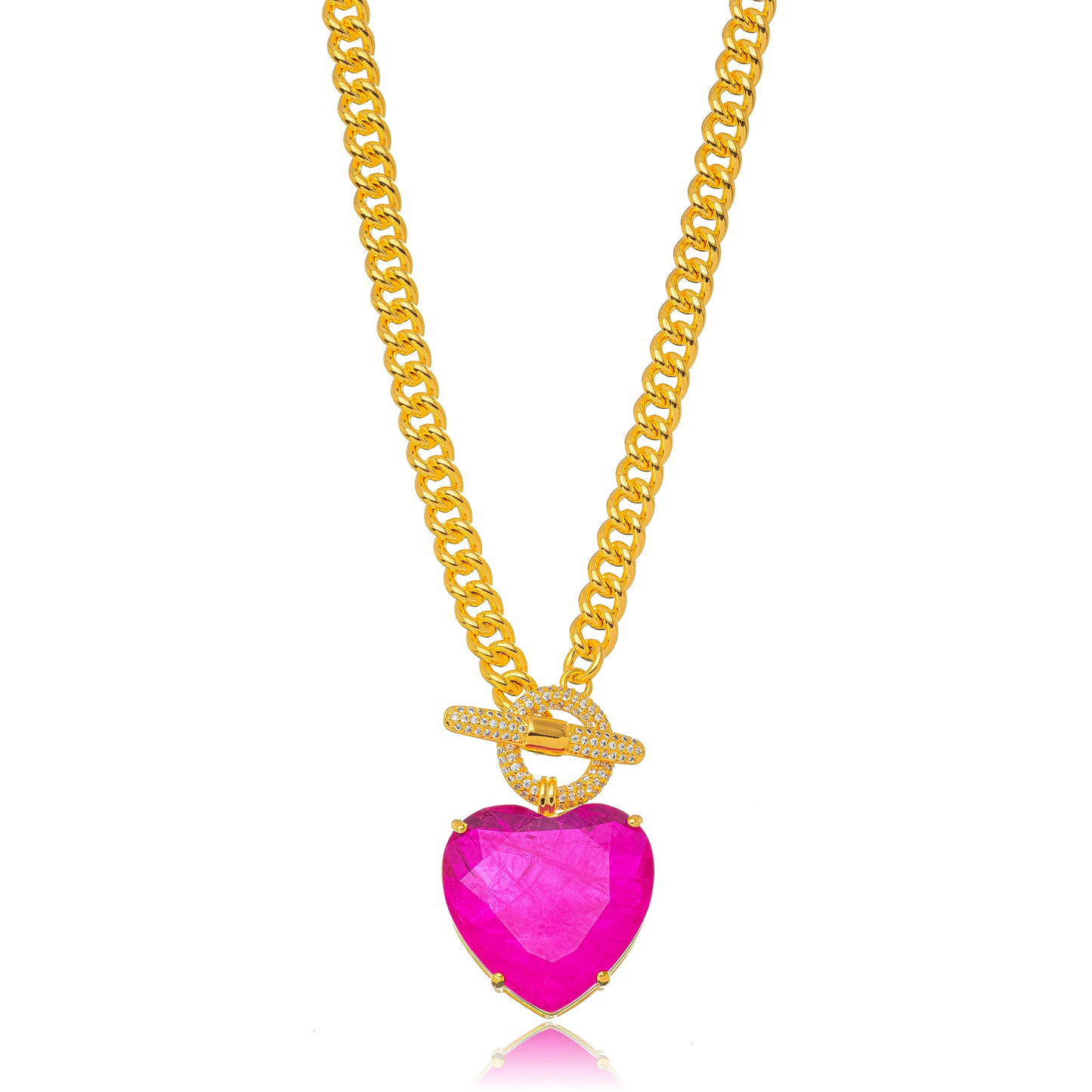 18K Gold Plated Studded Zirconia Cuban Link Pink Tourmaline Fusion Heart Necklace