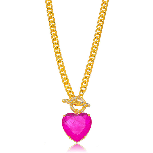 18K Gold Plated Studded Zirconia Cuban Link Pink Tourmaline Fusion Heart Necklace