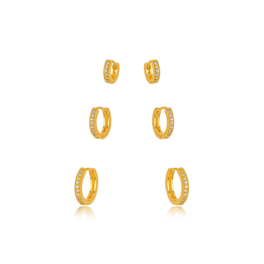 18K Gold Plated Trio Click Small Hoops Studded Zirconia Earrings