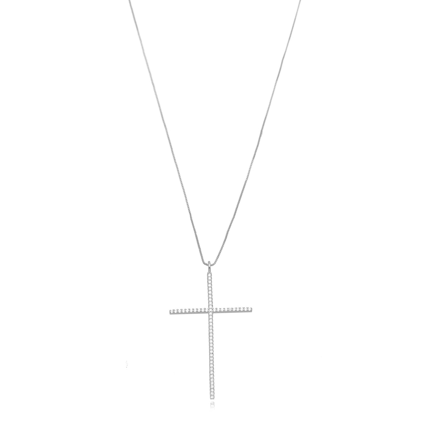 White Rhodium Plated Religious Cross Studded Zirconia Pendant Necklace