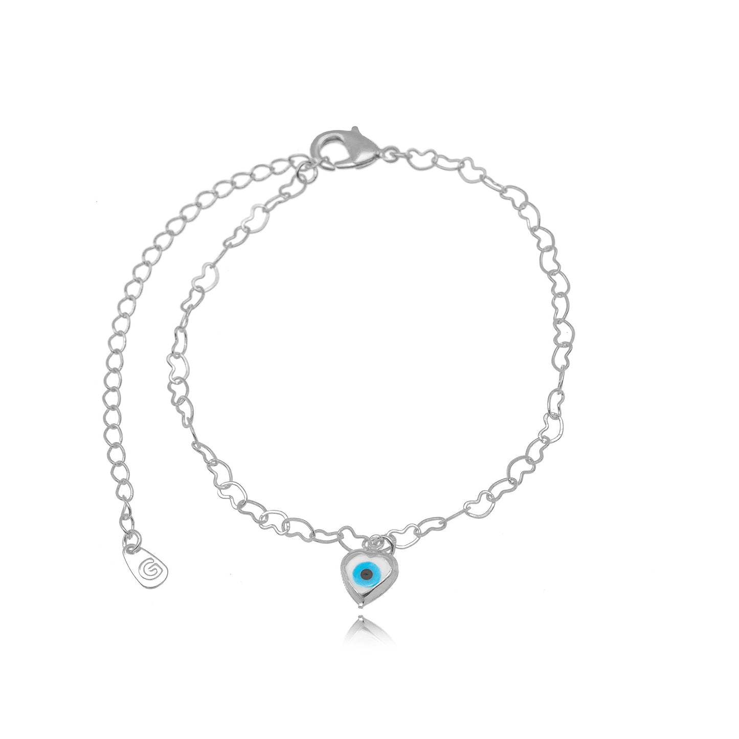 White Rhodium Plated Evil Eye Bracelet with delicate heart details.
