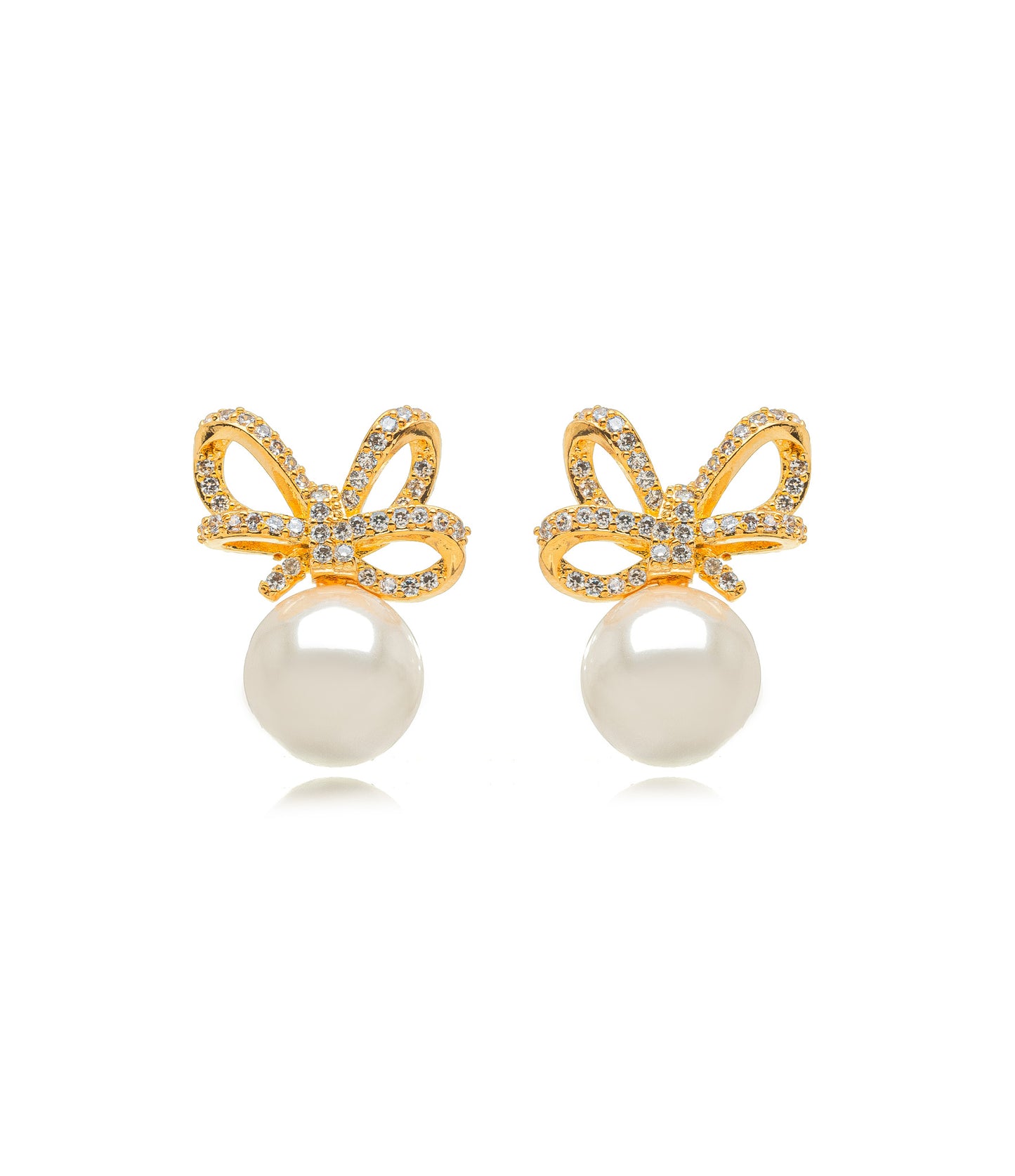 18K Gold Plated Studded Zirconia Bow Pearl Earrings