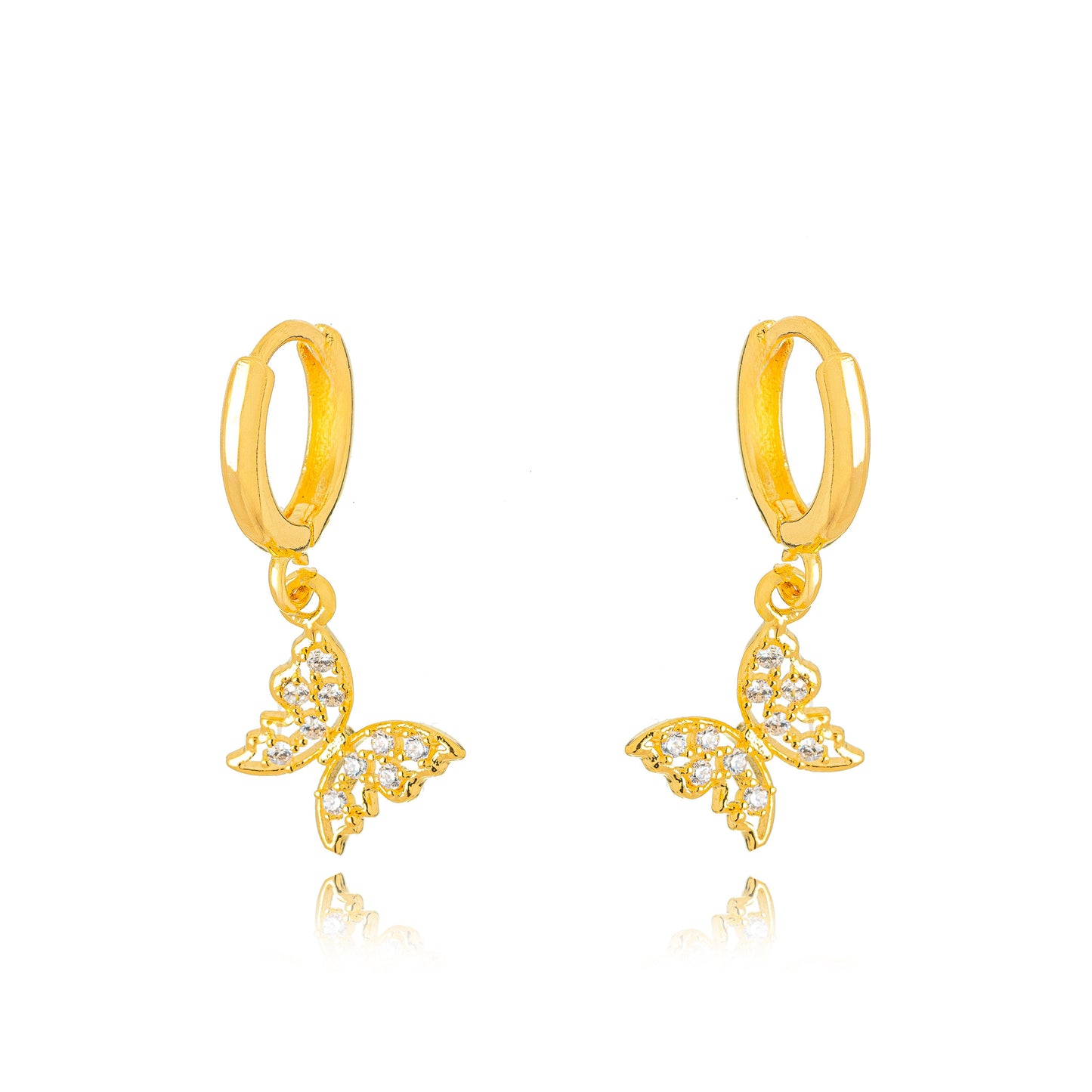 18K Gold Plated Hoops Dangling Studded Zirconia Butterfly Earrings