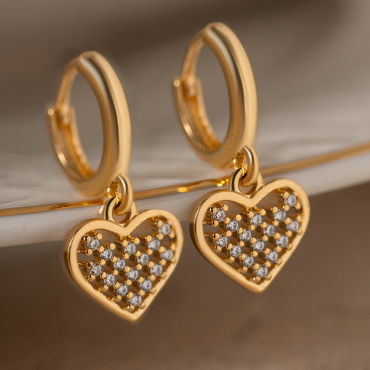 18K Gold Plated Hoops Dangling Studded Zirconia Heart Earrings