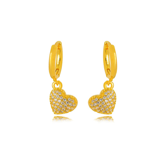 18K Gold Plated Hoops Dangling Studded Zirconia Heart Earrings