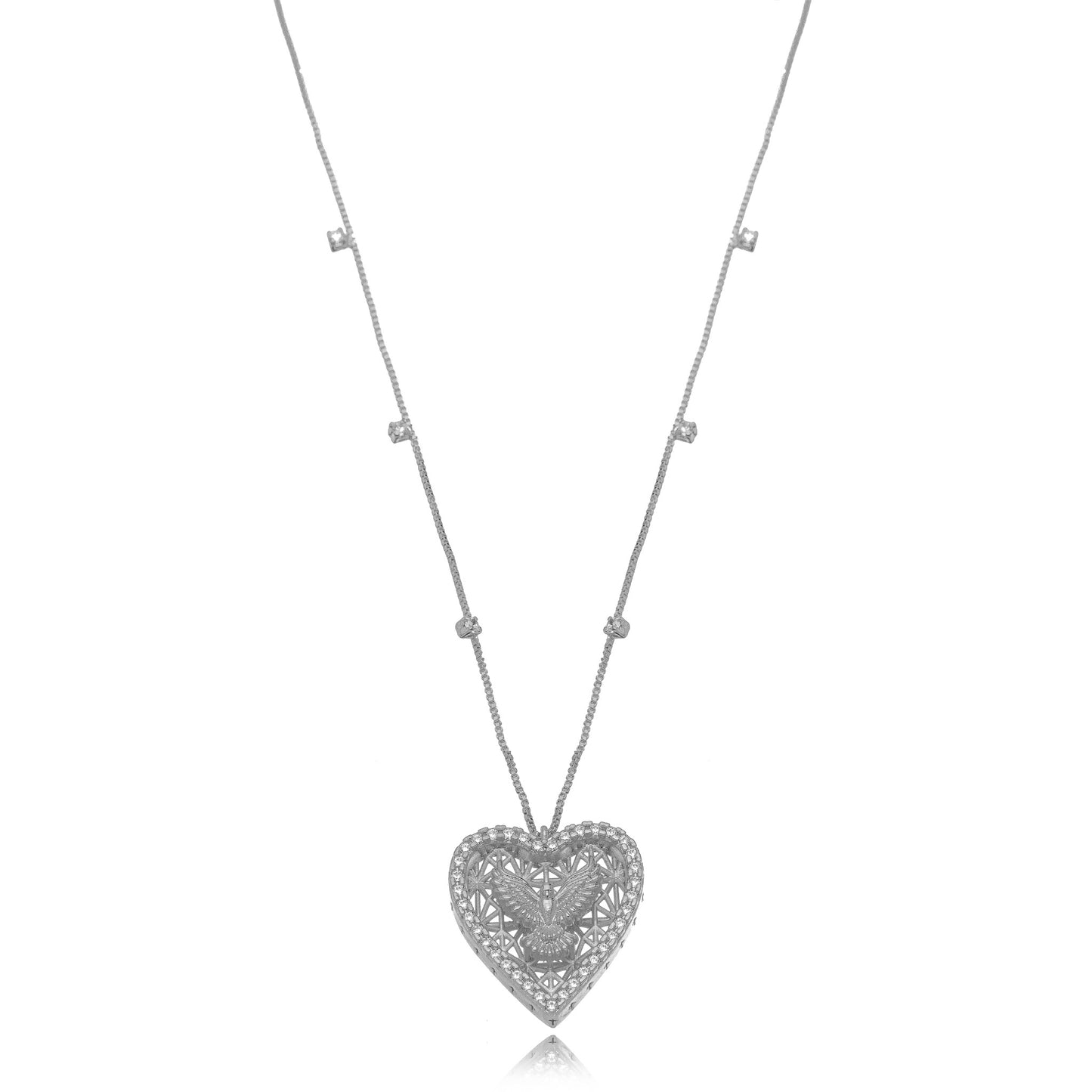 White Rhodium Plated Religious Studded Zirconia Heart Necklace