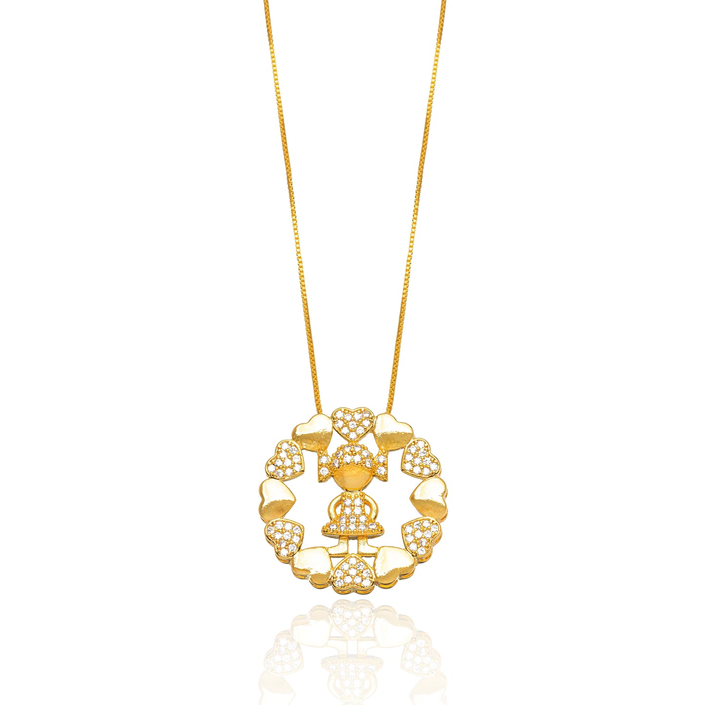 18K Gold Plated Studded Zirconia Girl Circle Hearts Necklace