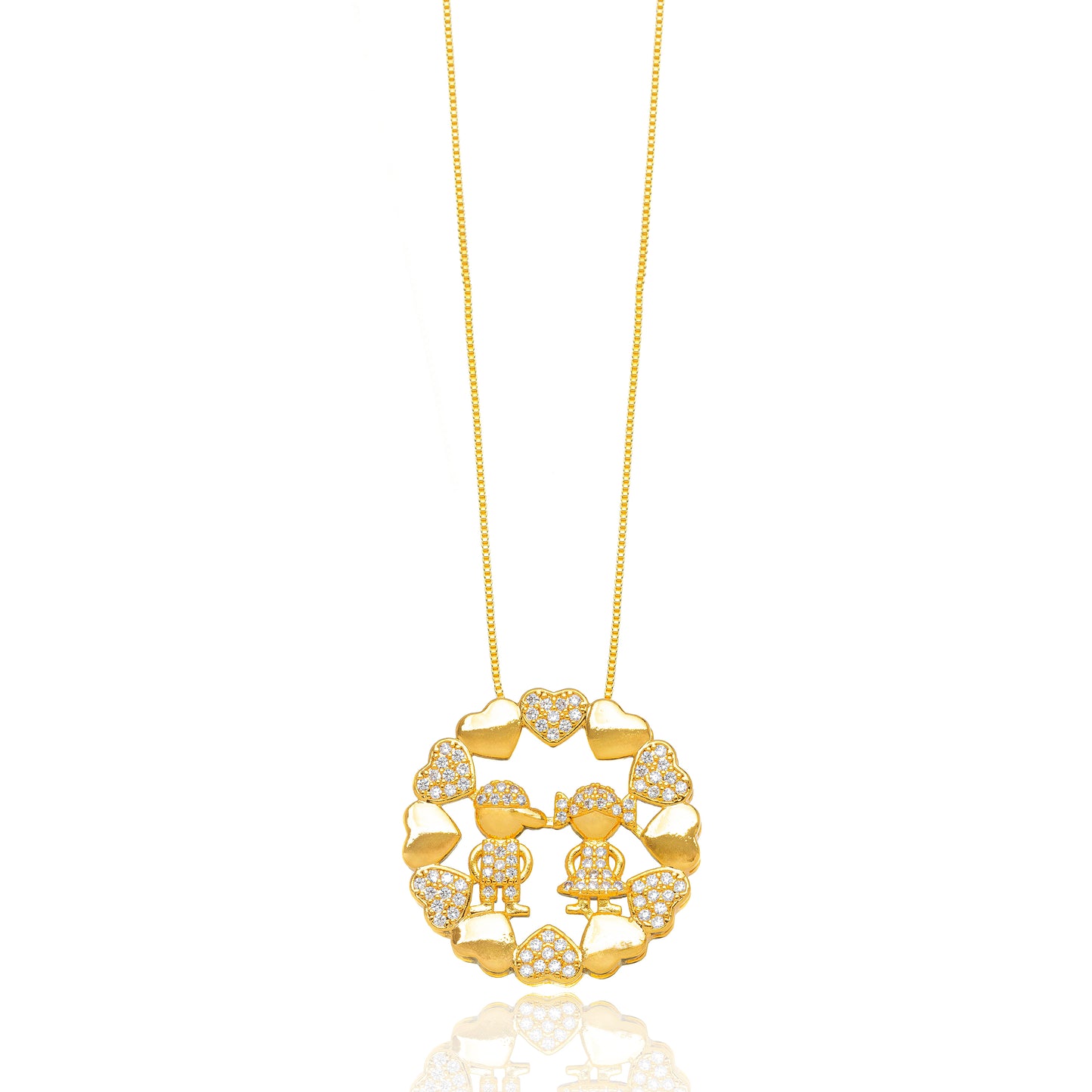 18K Gold Plated Studded Zirconia Boy & Girl Circle Hearts Necklace
