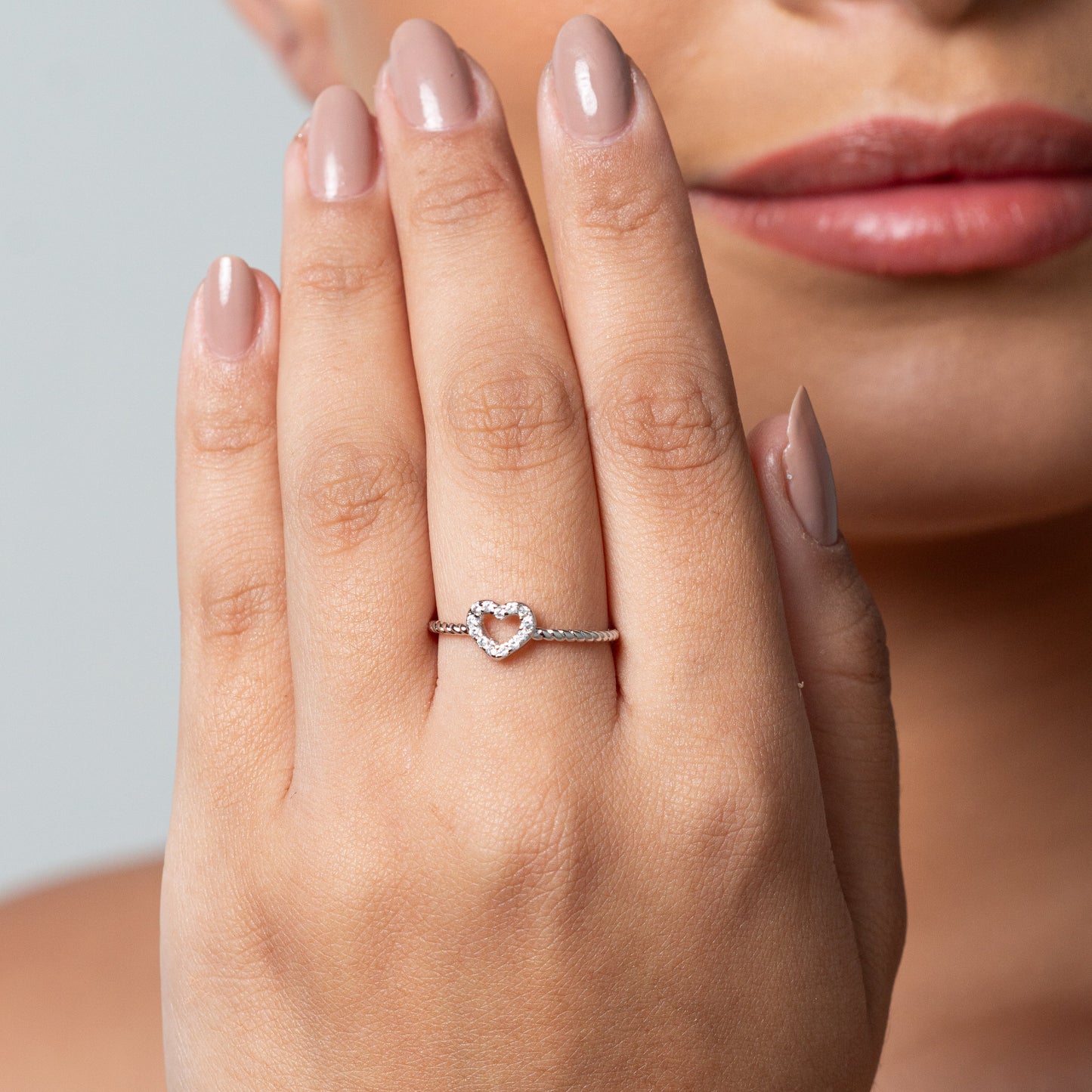 White Rhodium Plated Adjustable Delicate Studded Zirconia Heart Ring