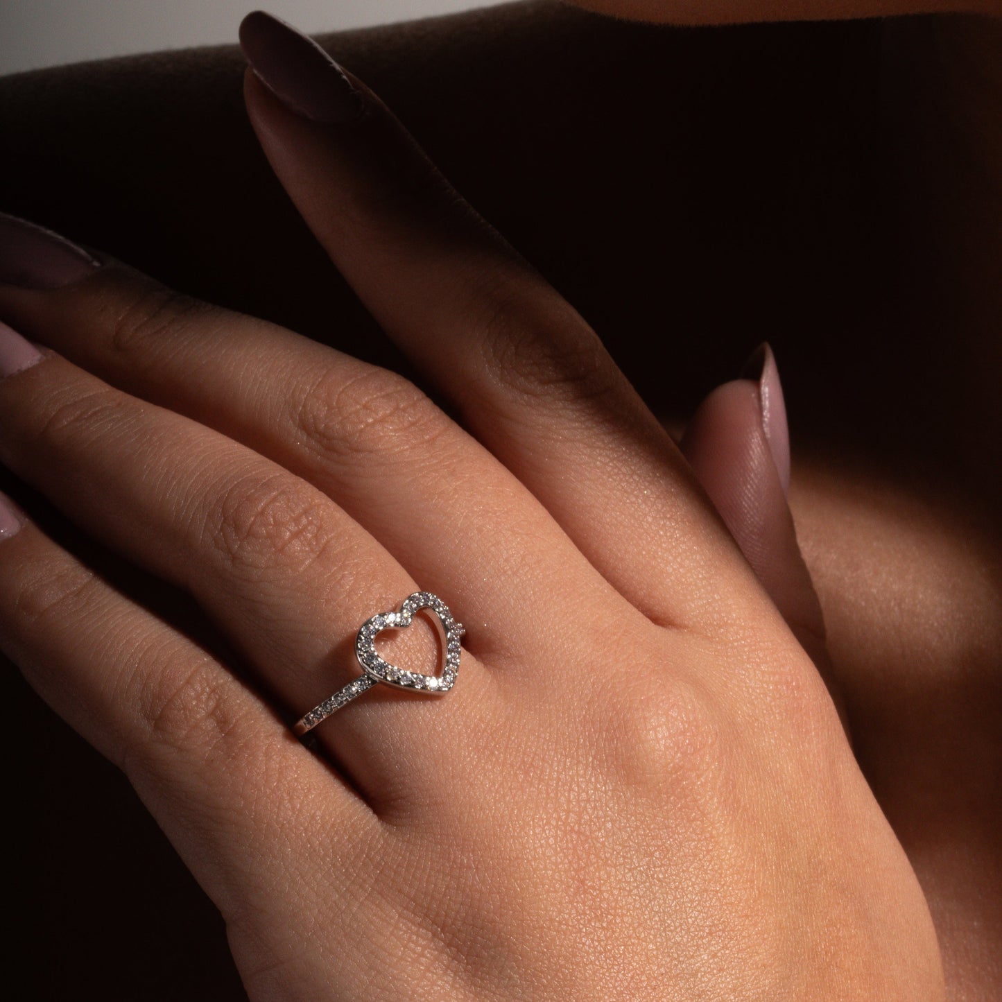 White Rhodium Plated Studded Zirconia Heart Ring