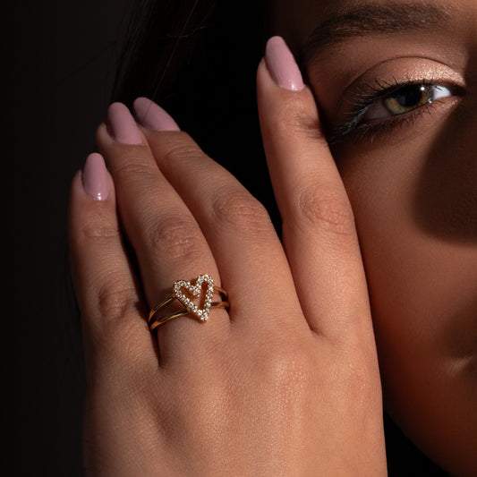 18K Gold Plated Adjustable Studded Zirconia Heart Ring