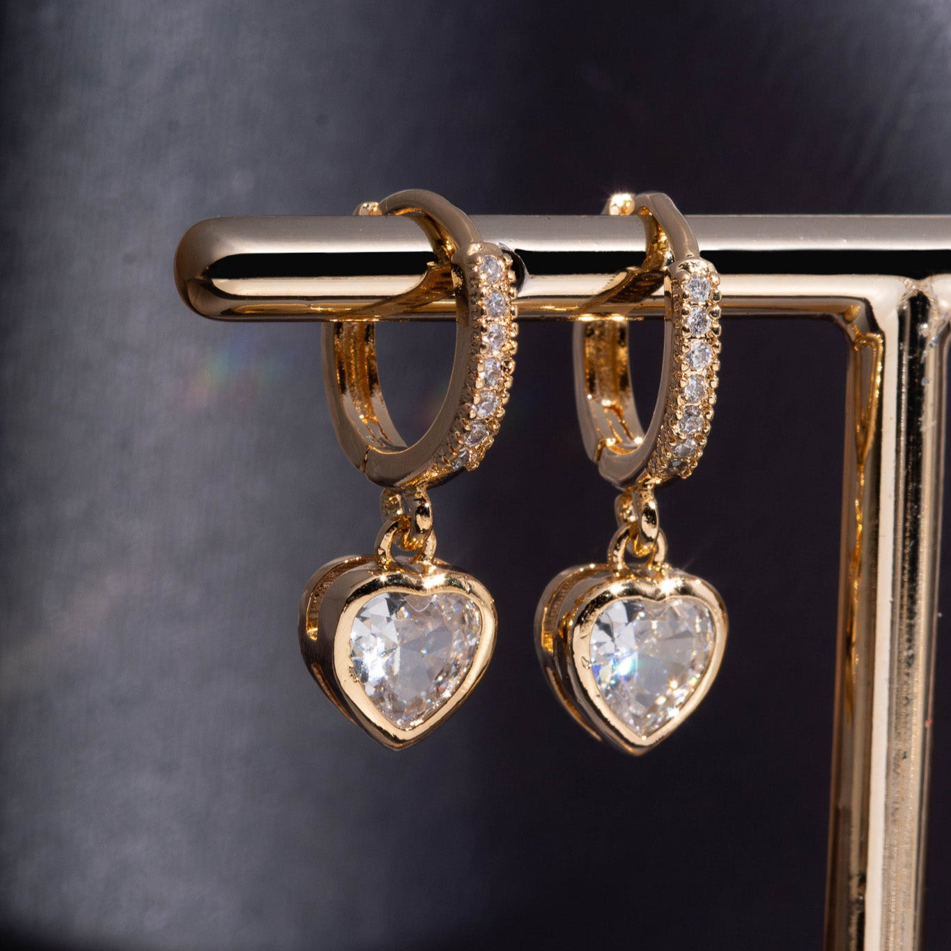 18K Gold Plated Hoops Dangling Studded Zirconia Heart Earrings