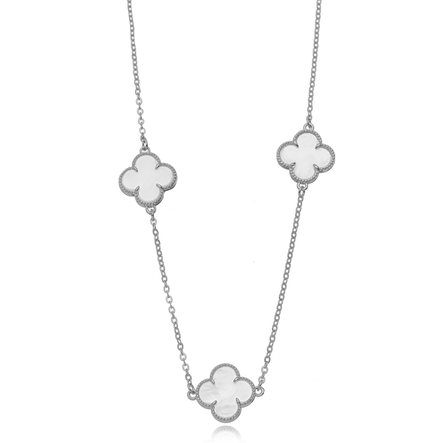 White Three Lucky Clover - White Rhodium Plated - Choker - 36cm