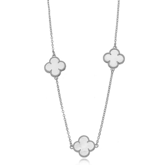 White Three Lucky Clover - White Rhodium Plated - Choker - 36cm