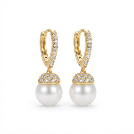 Pavé Hoop Earrings with Pearl Drop - 18K Gold Plated