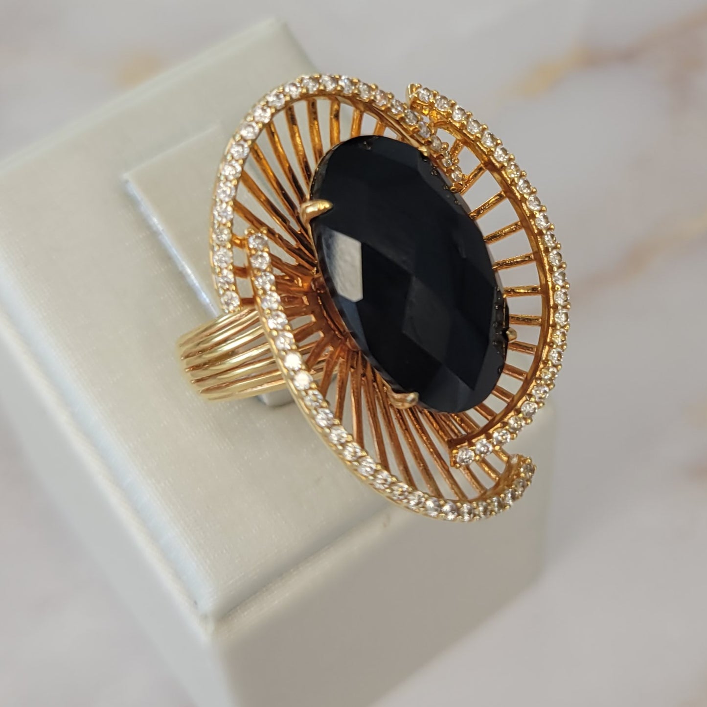 18K Gold Plated Onyx Studded Zirconia Ring