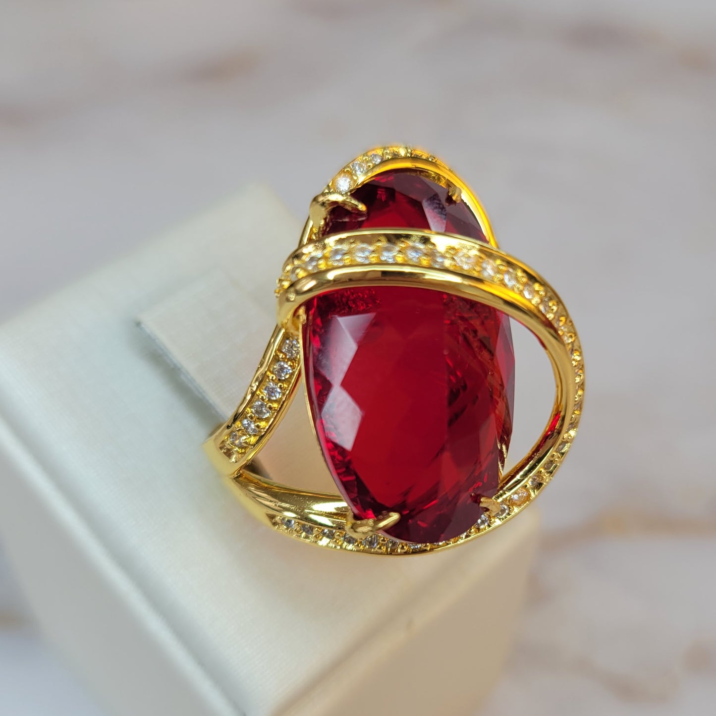 18K Gold Plated Oval Ruby Studded Zirconia Track Ring