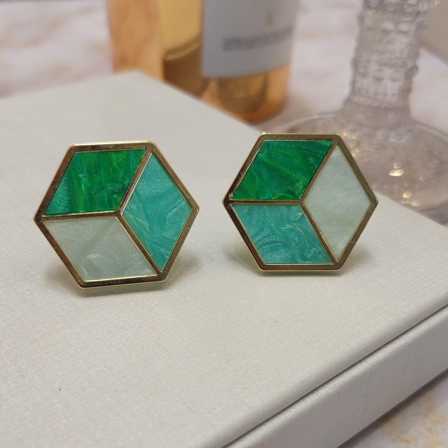 18K Gold Plated Stud Green Hexagon Enamelling Earrings