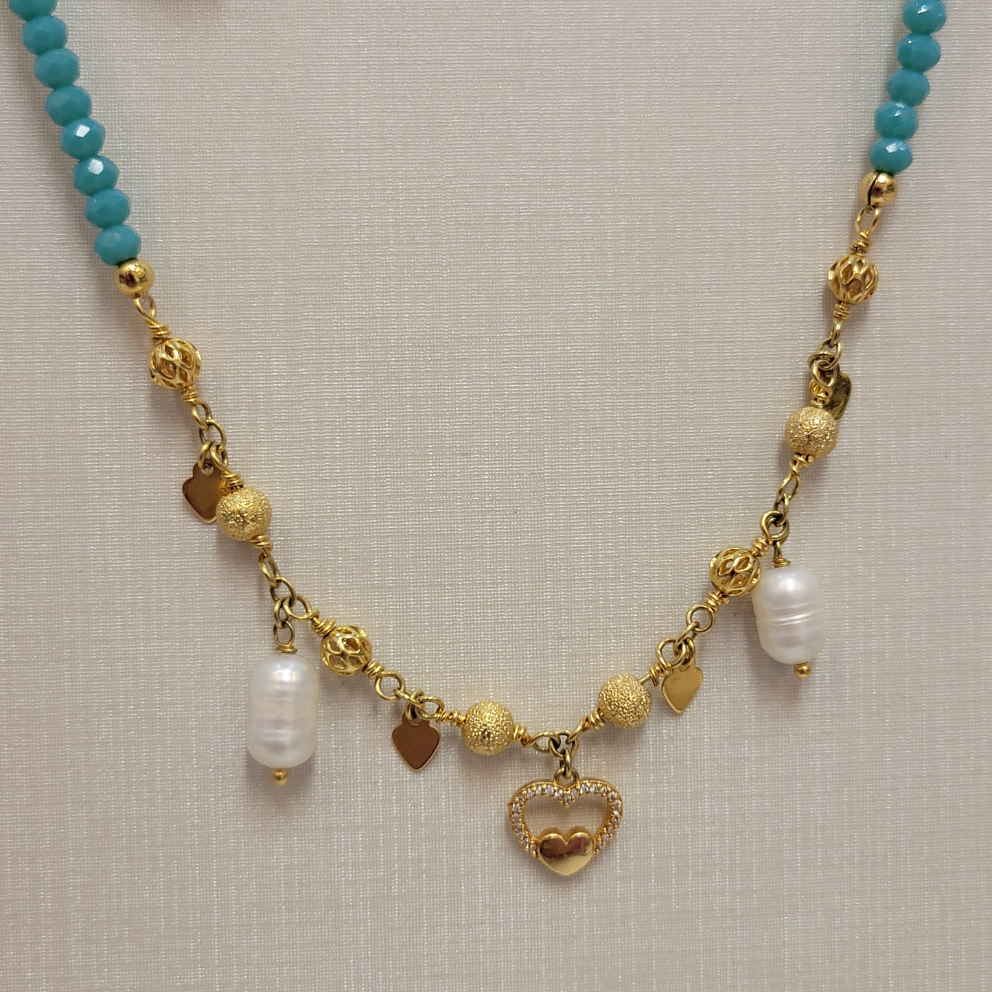 18K Gold Plated and Studded Zirconia Heart Pearls Necklace