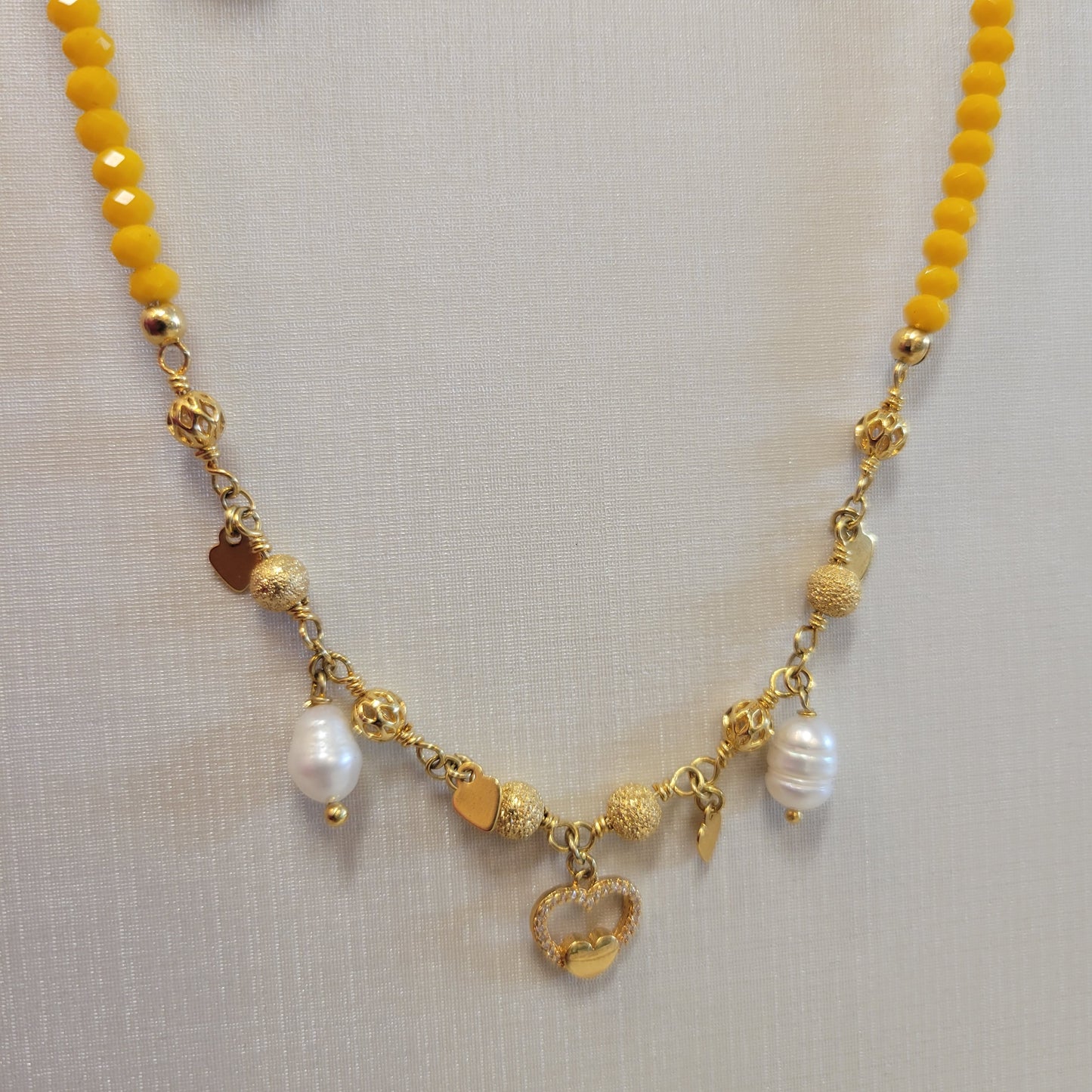 18K Gold Plated and Studded Zirconia Heart Pearls Necklace