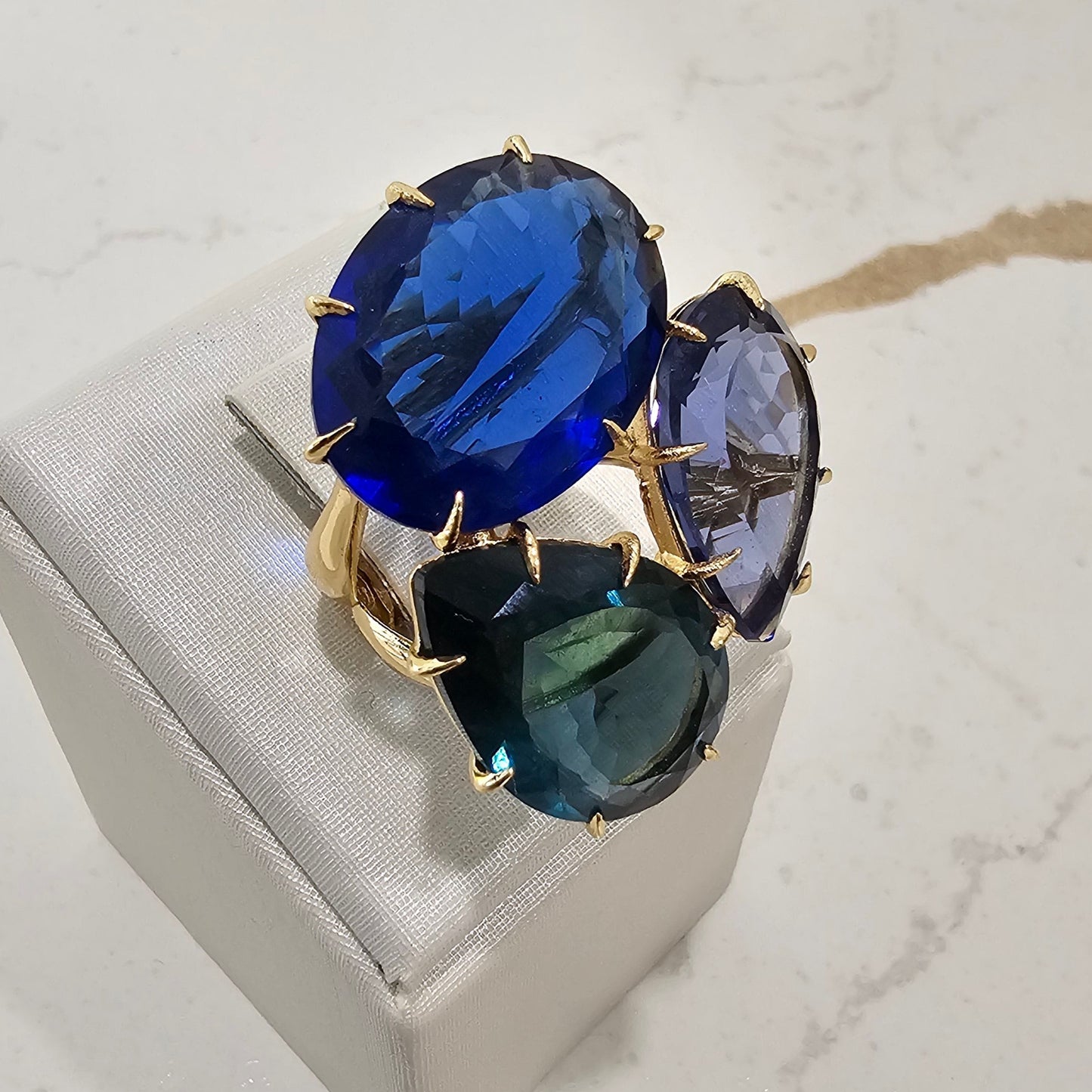 18K Gold Plated Blue Sapphire, Topaz London and Tanzanite Ring