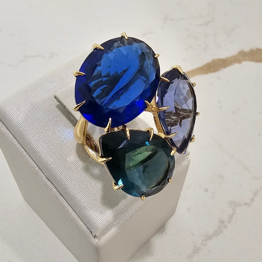 18K Gold Plated Blue Sapphire, Topaz London and Tanzanite Ring