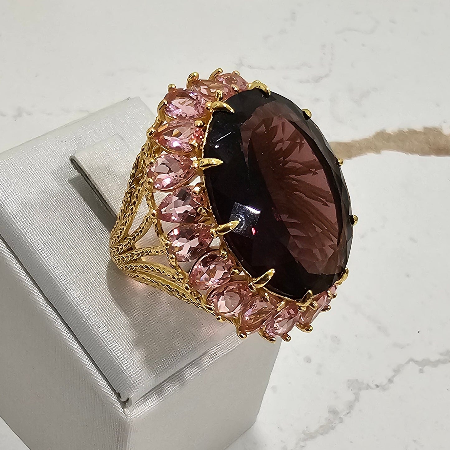 18K Gold Plated Oval Amethyst Studded around Pink Sapphire Ring