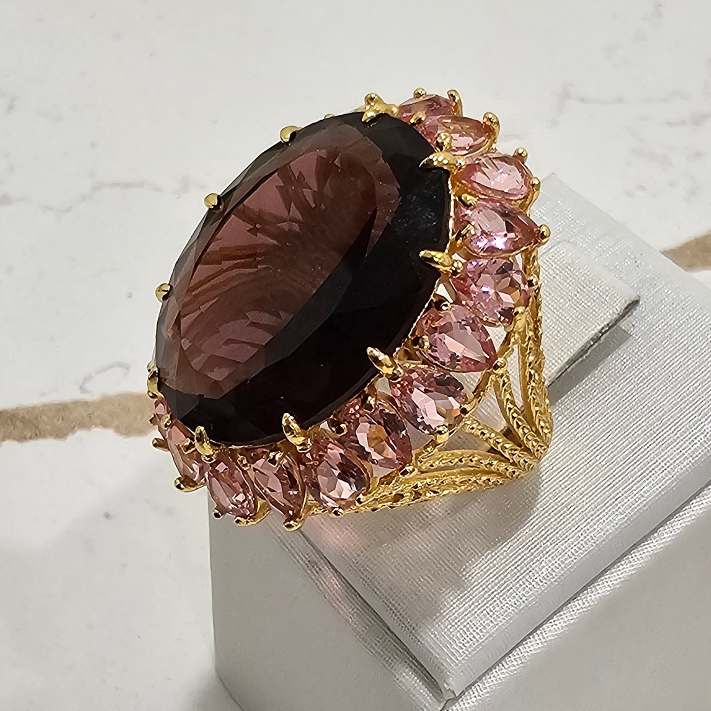 18K Gold Plated Oval Amethyst Studded around Pink Sapphire Ring