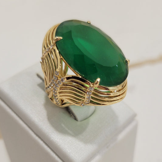 18K Gold Plated Green Tourmaline Studded Zirconia Ring