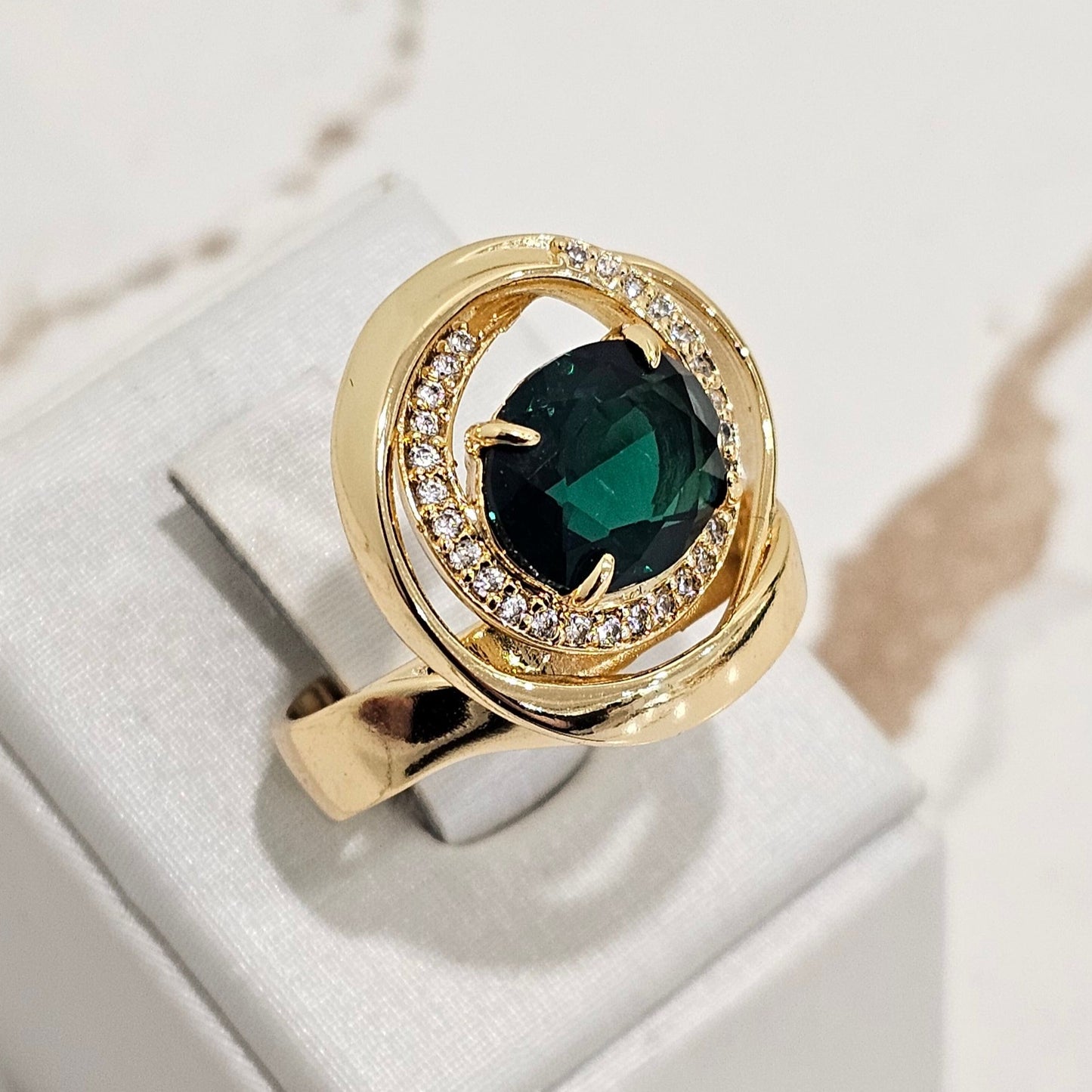 18K Gold Plated Organic Oval Colombian Emerald Studded Zirconia Ring