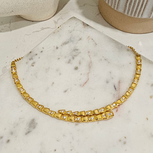 18K Gold Plated Rigid Serpent Studded Zirconias Necklace