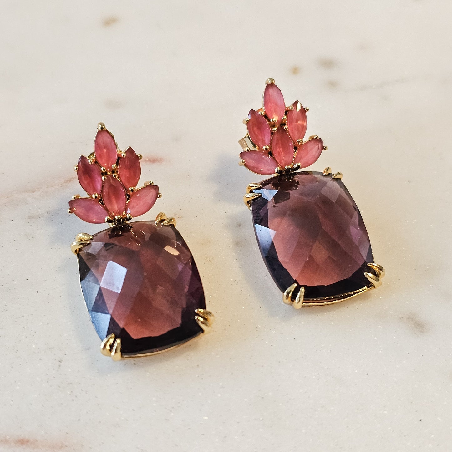 18K Gold Plated Square Rodolite Small Rubellite Earrings