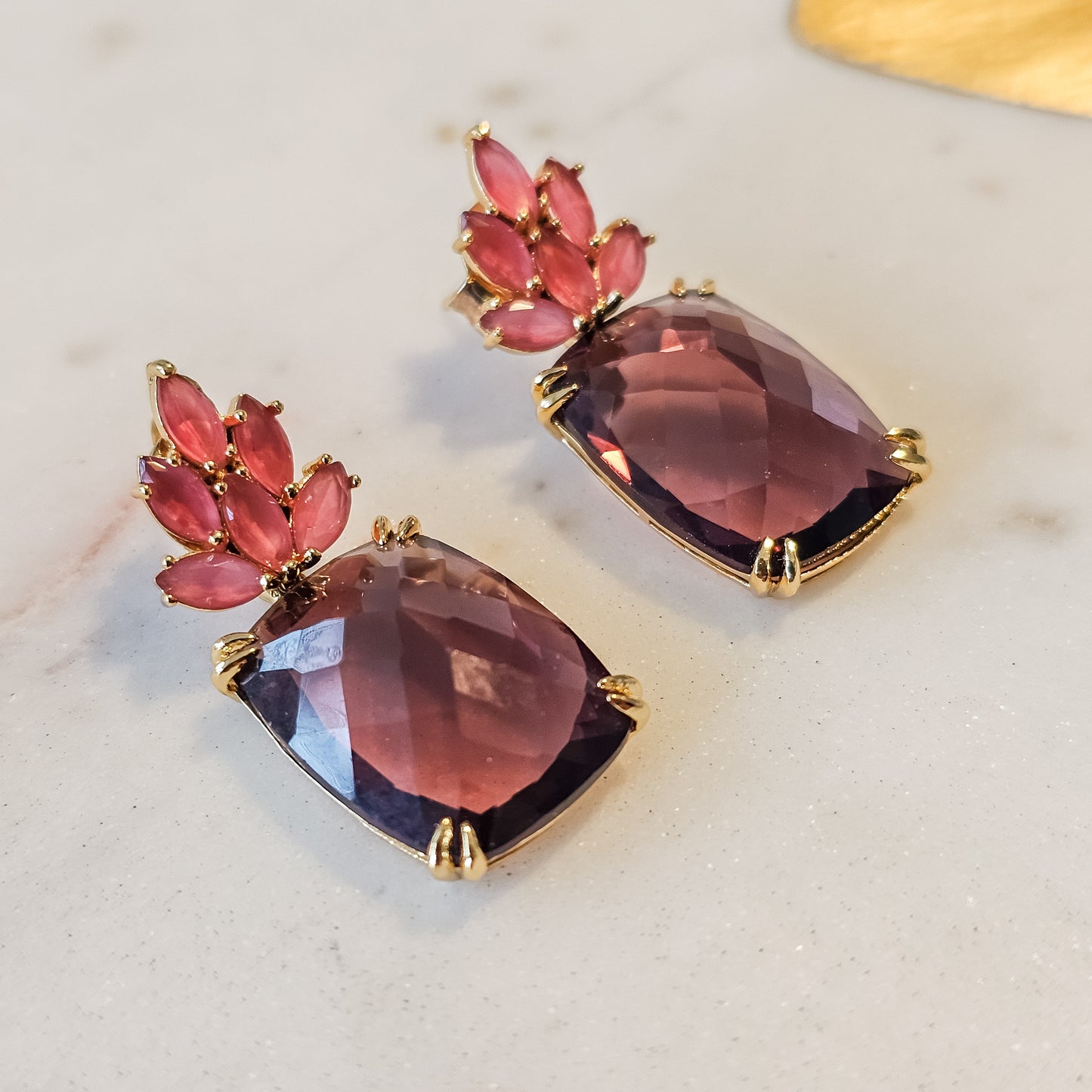 18K Gold Plated Square Rodolite Small Rubellite Earrings