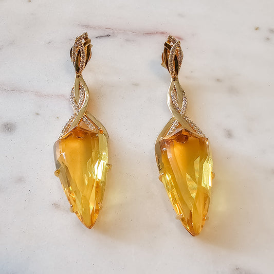 18K Gold Plated Long Citrine Topaz Studded Zirconia Earrings
