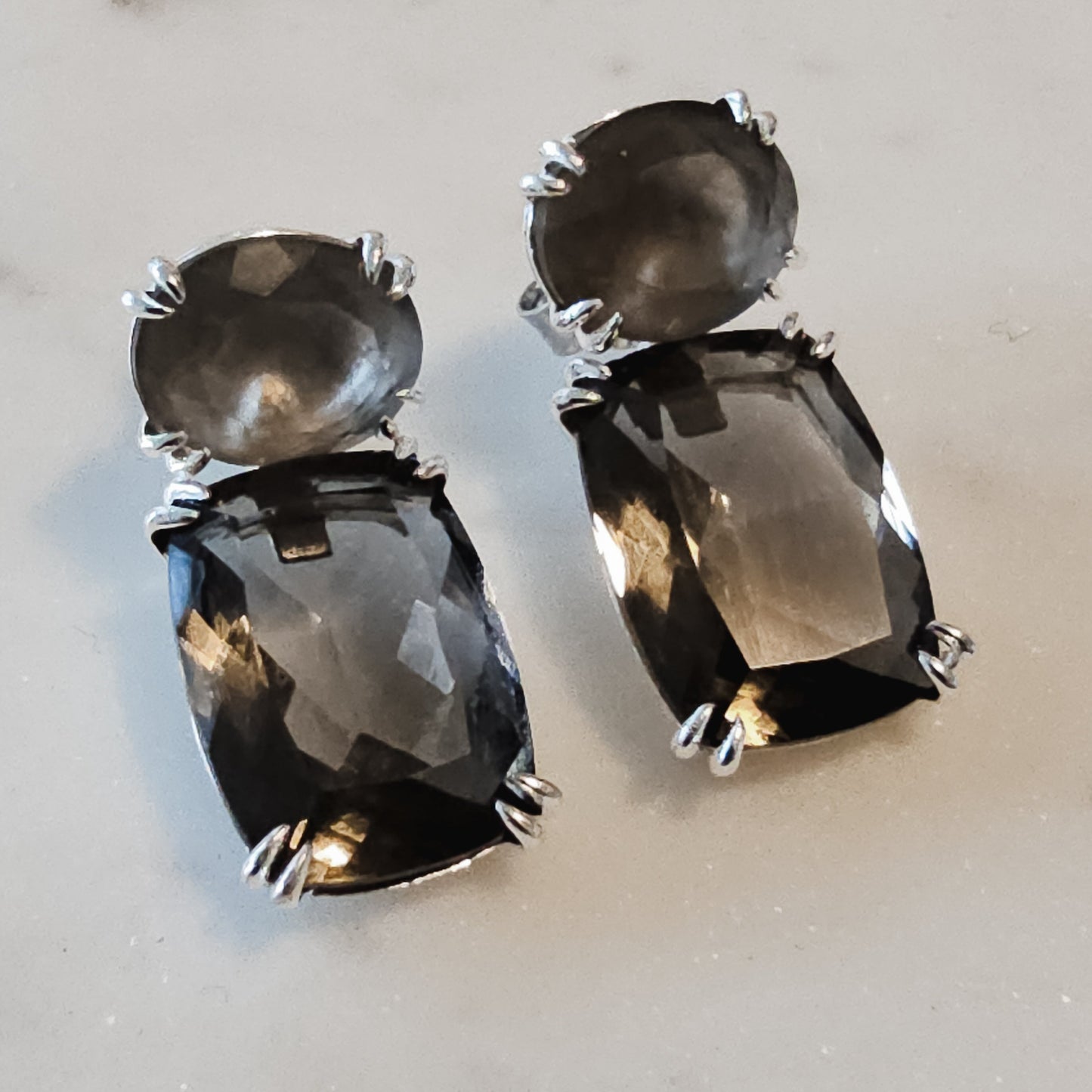 Silver Plated Oval Matte Smoky Quartz Rectangle Smoky Quartz Earrings