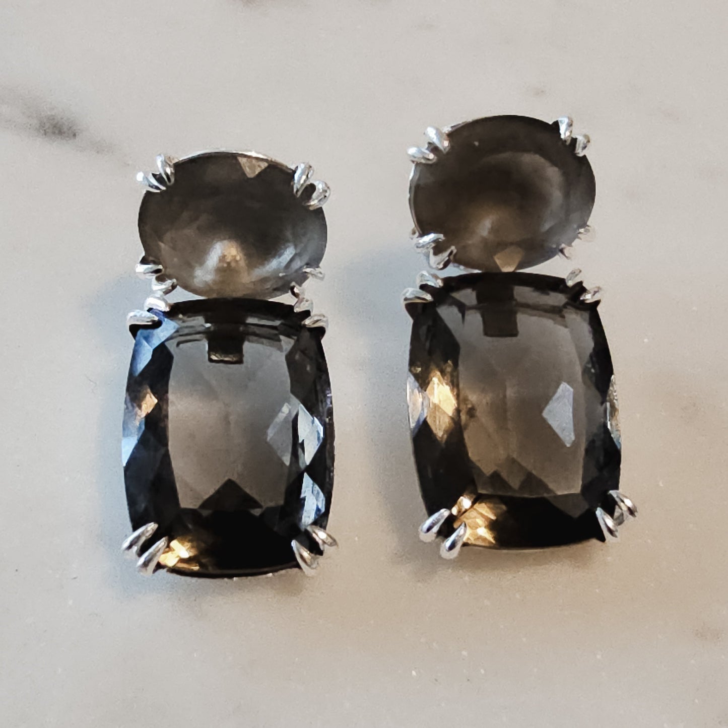 Silver Plated Oval Matte Smoky Quartz Rectangle Smoky Quartz Earrings
