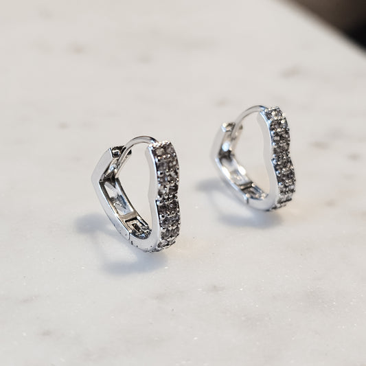 White Rhodium Plated Thick Large Heart Studded Zirconia Earrings