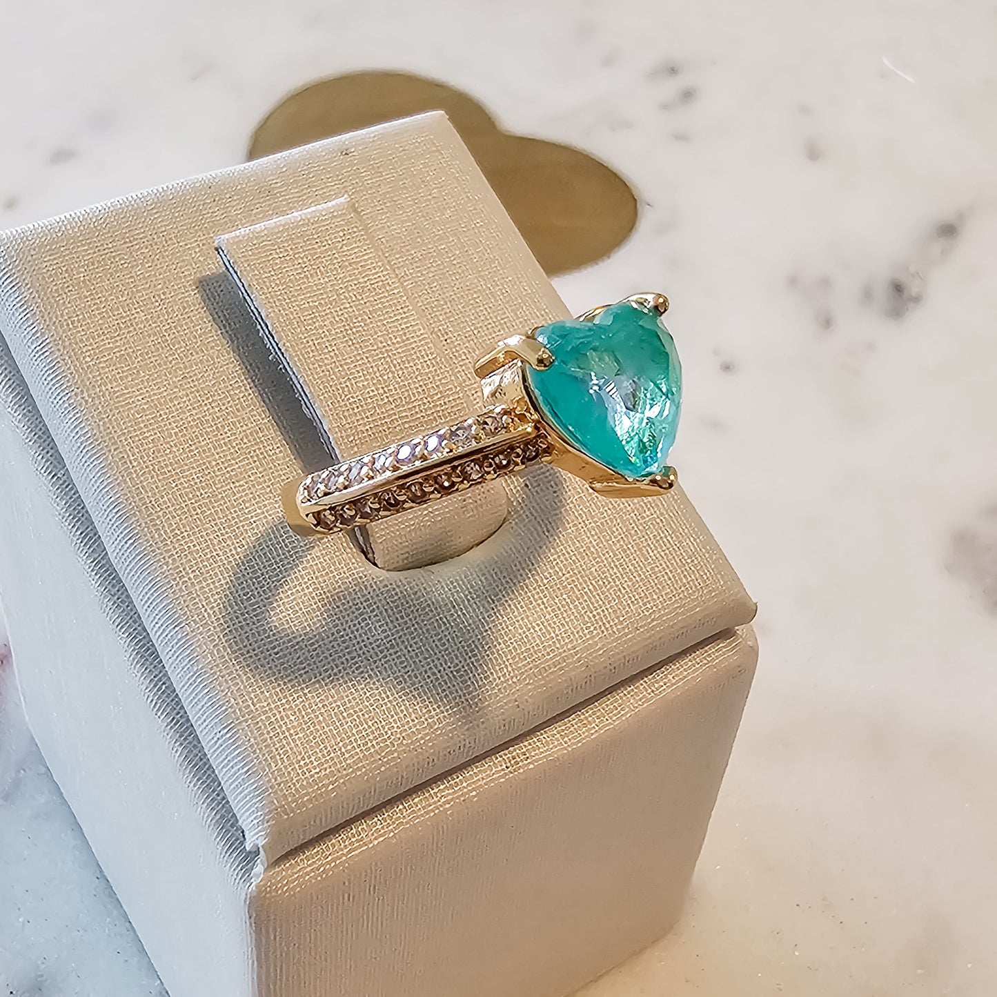18K Gold Plated Blue Sky Topaz Heart Double Studded Zirconia Ring