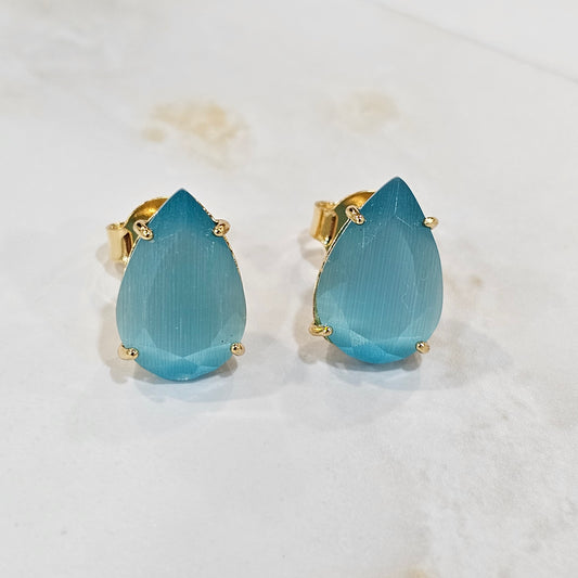 18K Gold Plated Teardrop Blue Stones 10x15mm Earrings