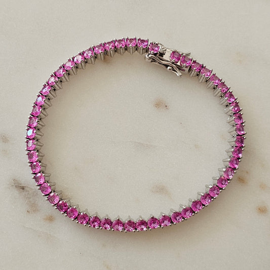 White Rhodium Plated Three-Prong Pink Zirconia 3mm Tennis Bracelet