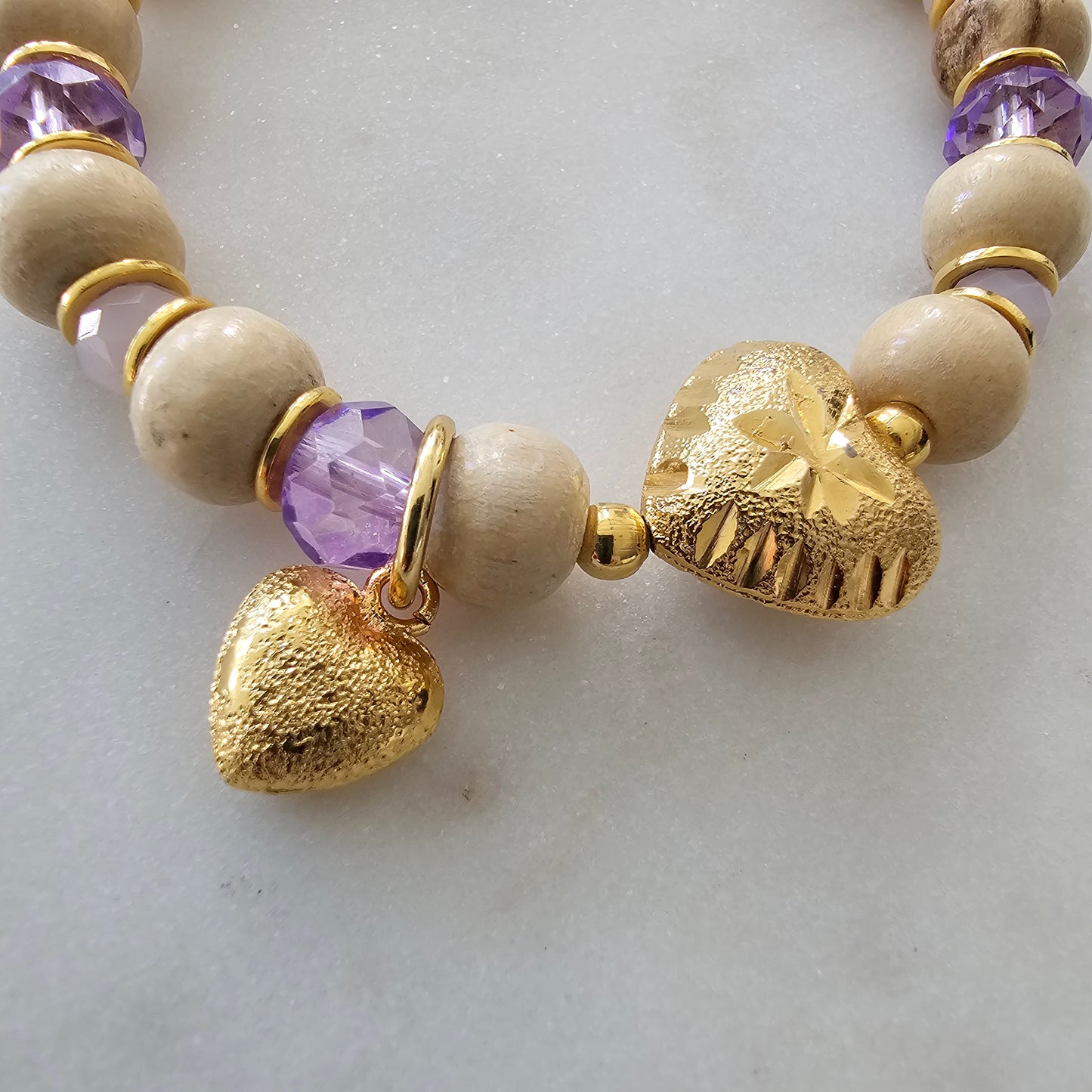18K Gold Plated Balls, Wood Balls, Purple Crystals and Heart Matte Pendant Bracelet
