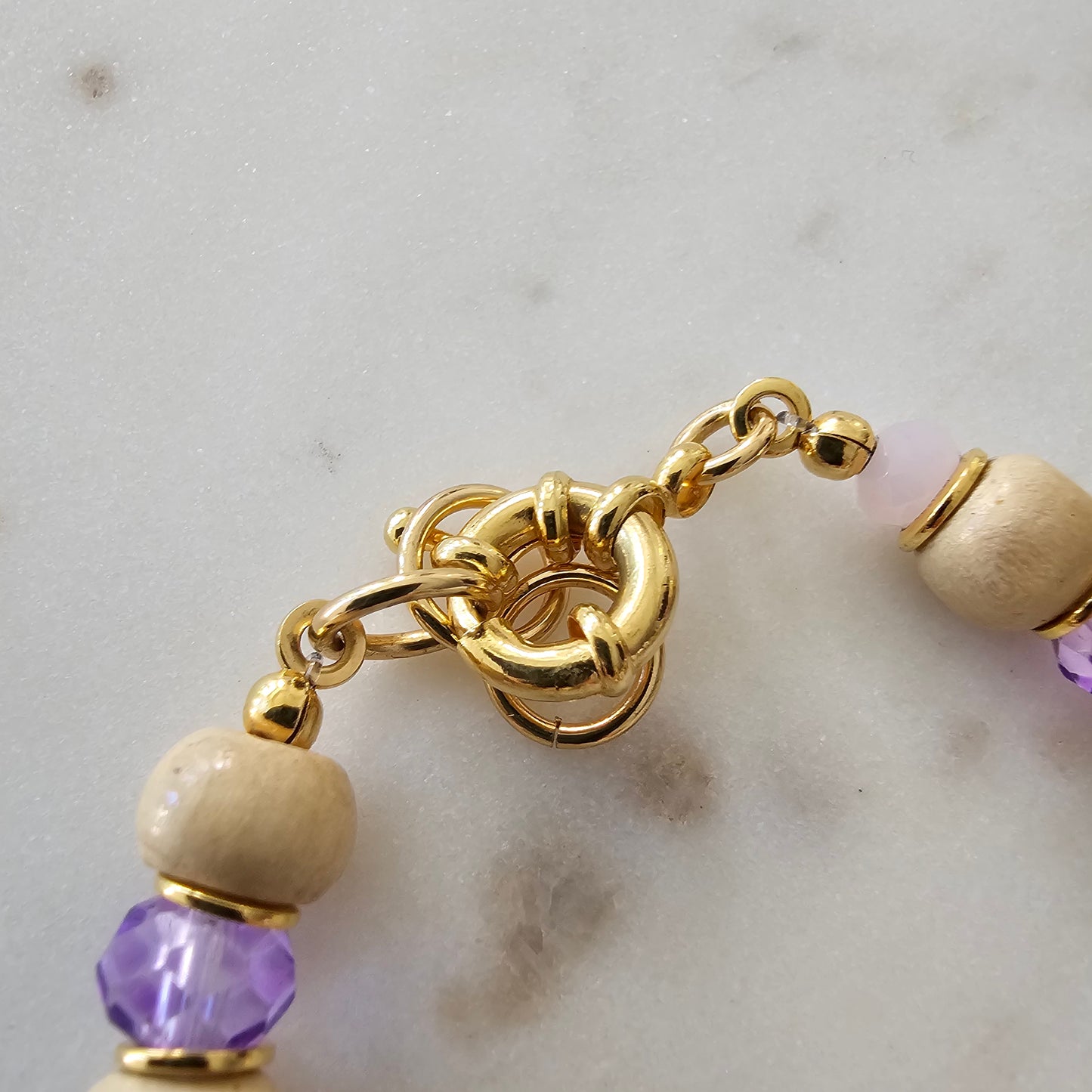 18K Gold Plated Balls, Wood Balls, Purple Crystals and Heart Matte Pendant Bracelet
