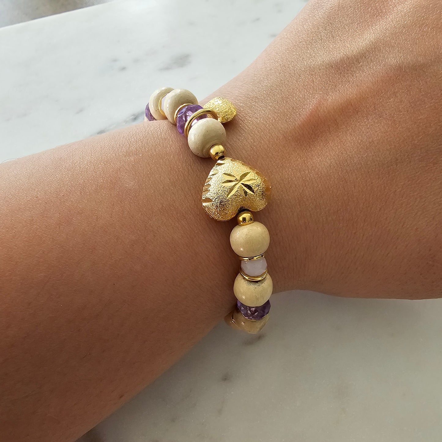 18K Gold Plated Balls, Wood Balls, Purple Crystals and Heart Matte Pendant Bracelet
