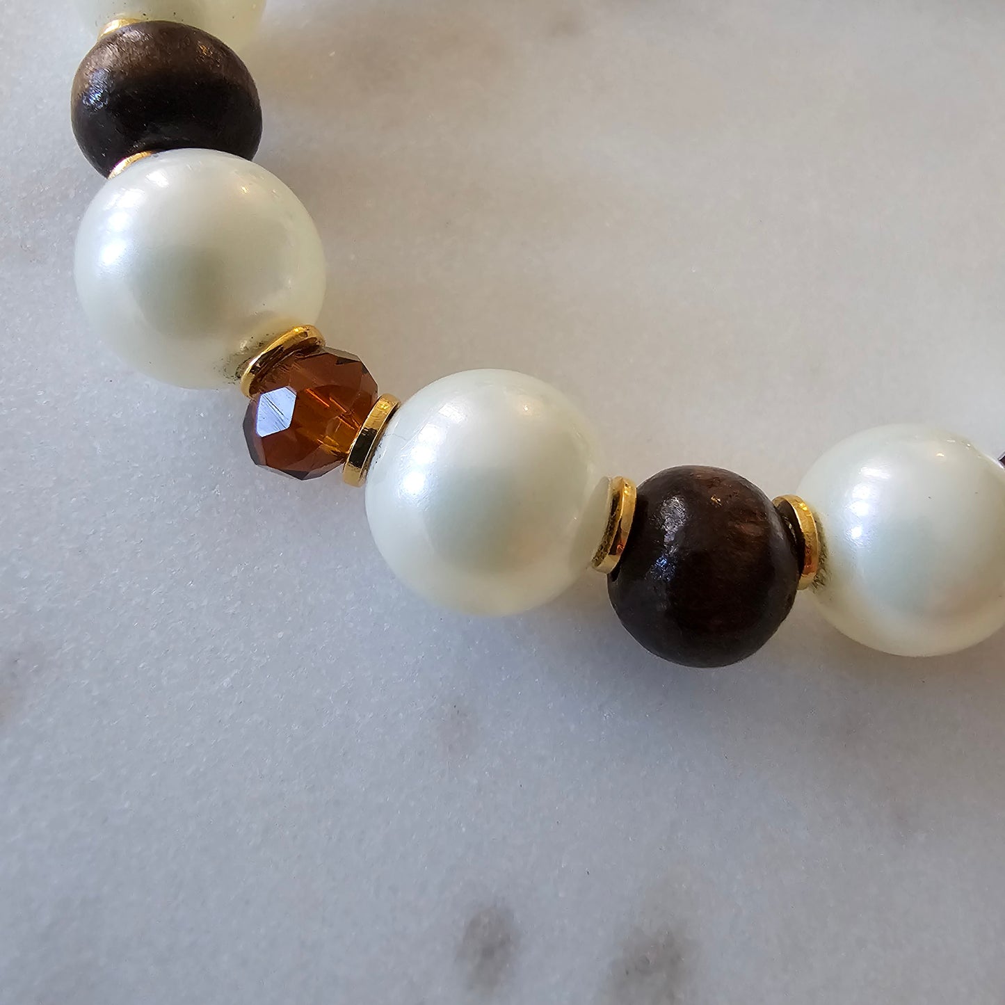 18K Gold Plated, Pearls, Wood Balls, Brown Crystals Bracelet