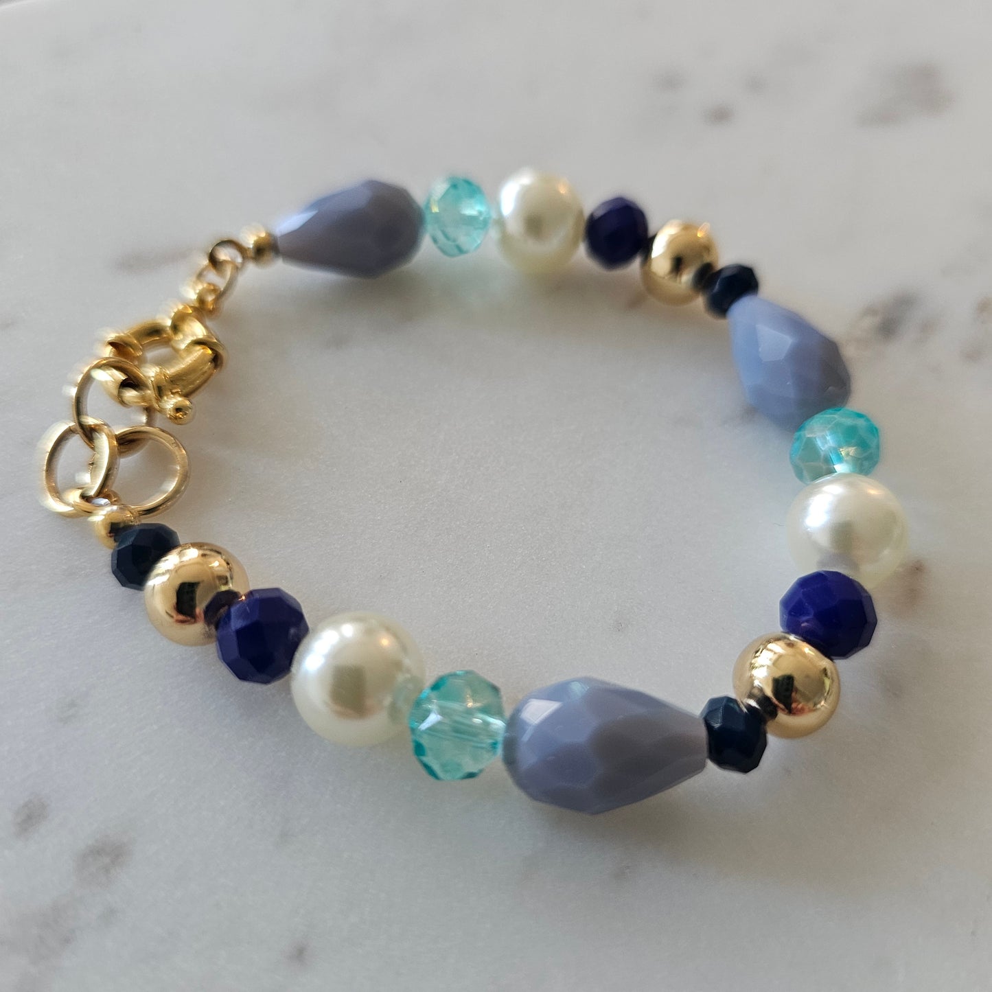 18K Gold Plated Balls, Pearls, Blue Crystals and Gray Pear Stone Bracelet