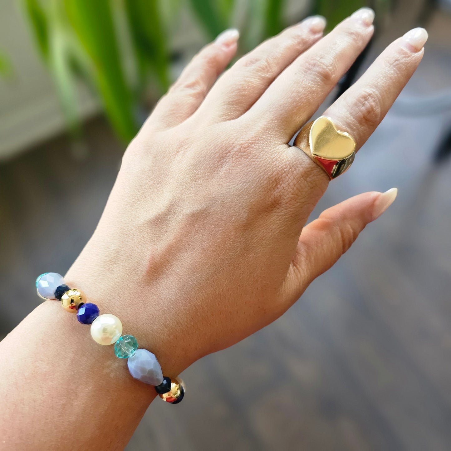 18K Gold Plated Balls, Pearls, Blue Crystals and Gray Pear Stone Bracelet