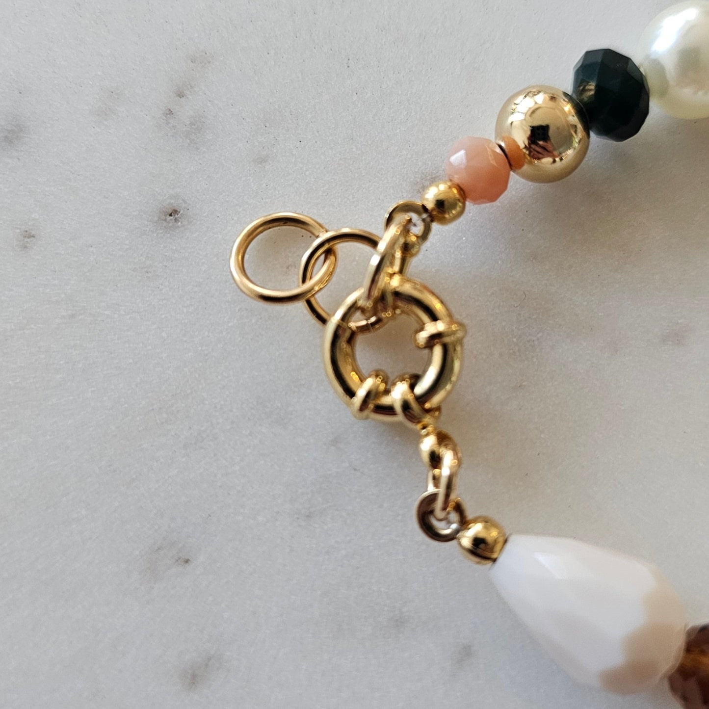 18K Gold Plated Balls, Pearls, Brown Crystals and White Pear Stone Bracelet