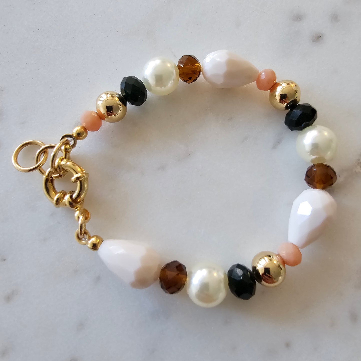18K Gold Plated Balls, Pearls, Brown Crystals and White Pear Stone Bracelet